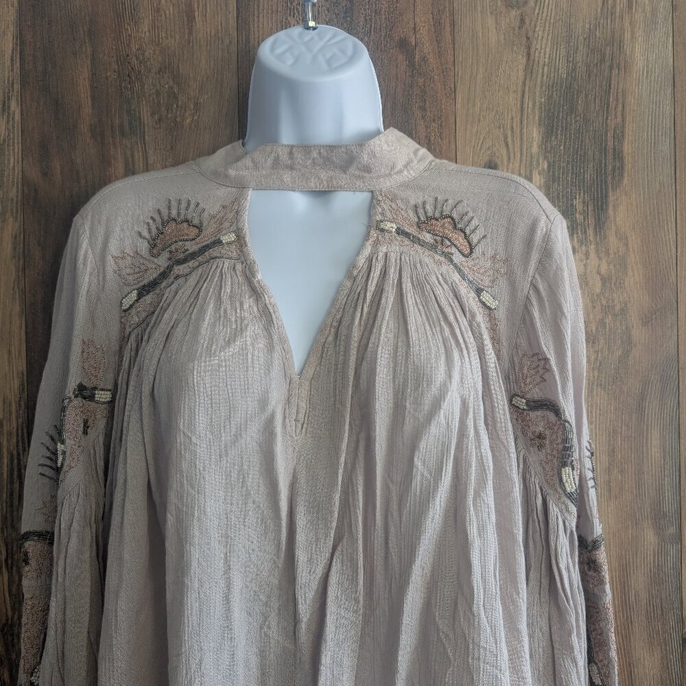 Free People Beige Beaded Tunic Deep V Cutout Mockneck BoHo Blouse S - Picture 3 of 8